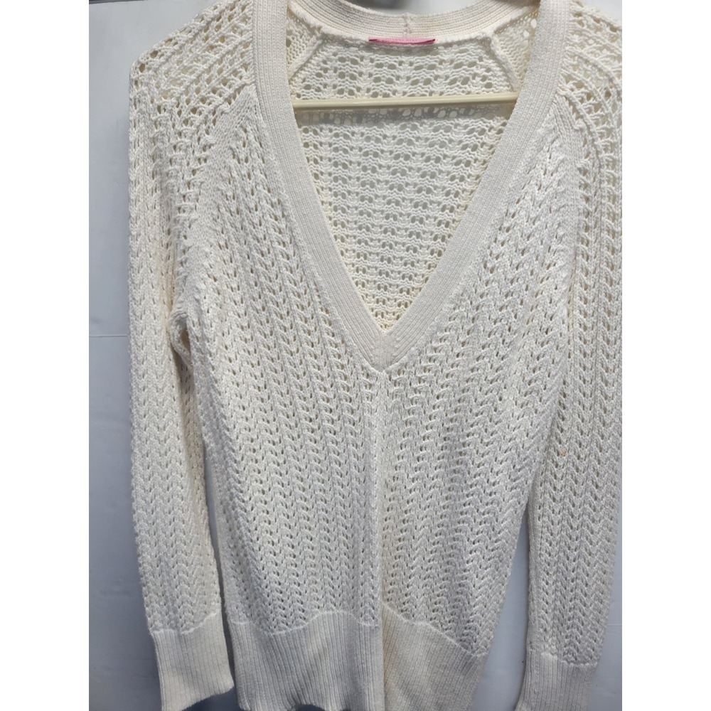 Gianni Bini Womens Cream Open Knit V-Neck Sweater Long Sleeve Pullover Large